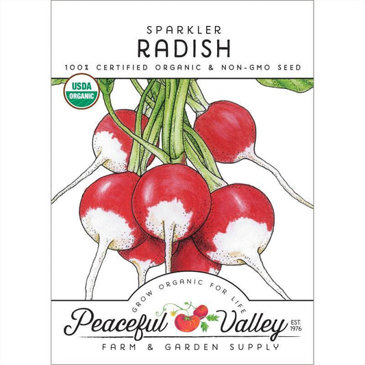 Organic Sparkler Radish Seeds from Grow Organic, fresh vegetable seeds for growing vibrant radish bulbs in your garden.