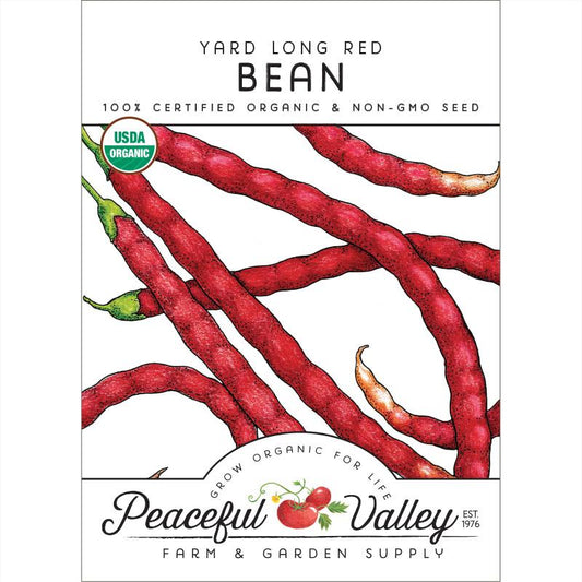 Organic Yard Long Red Pole Bean Seeds from Grow Organic, showing vibrant red bean pods on healthy green vines.