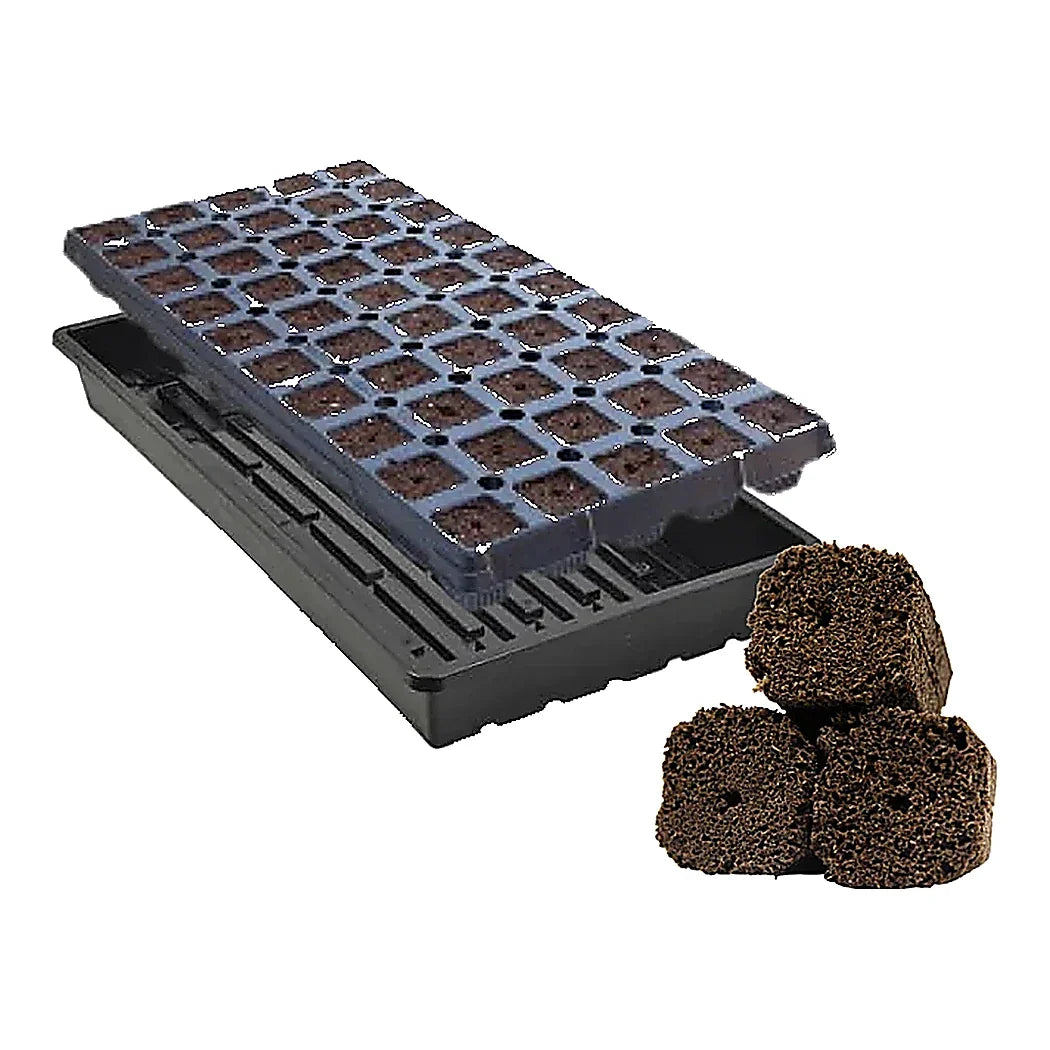 Pre-filled tray of 50 OrganiPlug seed and cutting plugs from GrowersHouse, ideal for planting and propagation.