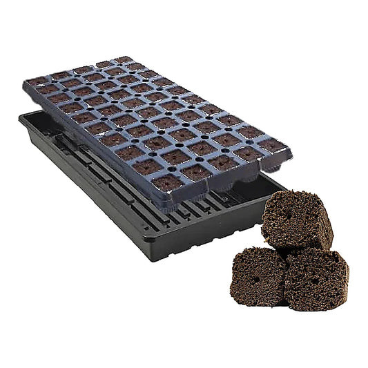 Pre-filled tray of 50 OrganiPlug seed and cutting plugs from GrowersHouse, ideal for planting and propagation.