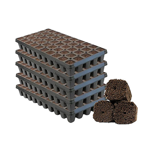 GrowersHouse OrganiPlug seed and cutting plugs in a case, showing 50 tall pre-filled plugs for plant propagation.