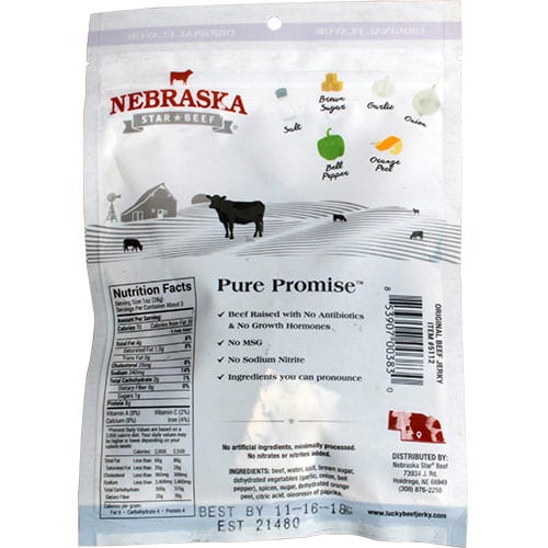 Original Beef Jerky from Nebraska Star Beef, 3 oz package, showing the front of the savory, dried beef snack in a natural setting.