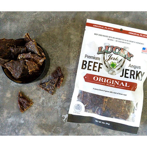 Original beef jerky slab from Nebraska Star Beef, 3 oz package showing savory, dried beef strips suitable for snacks.