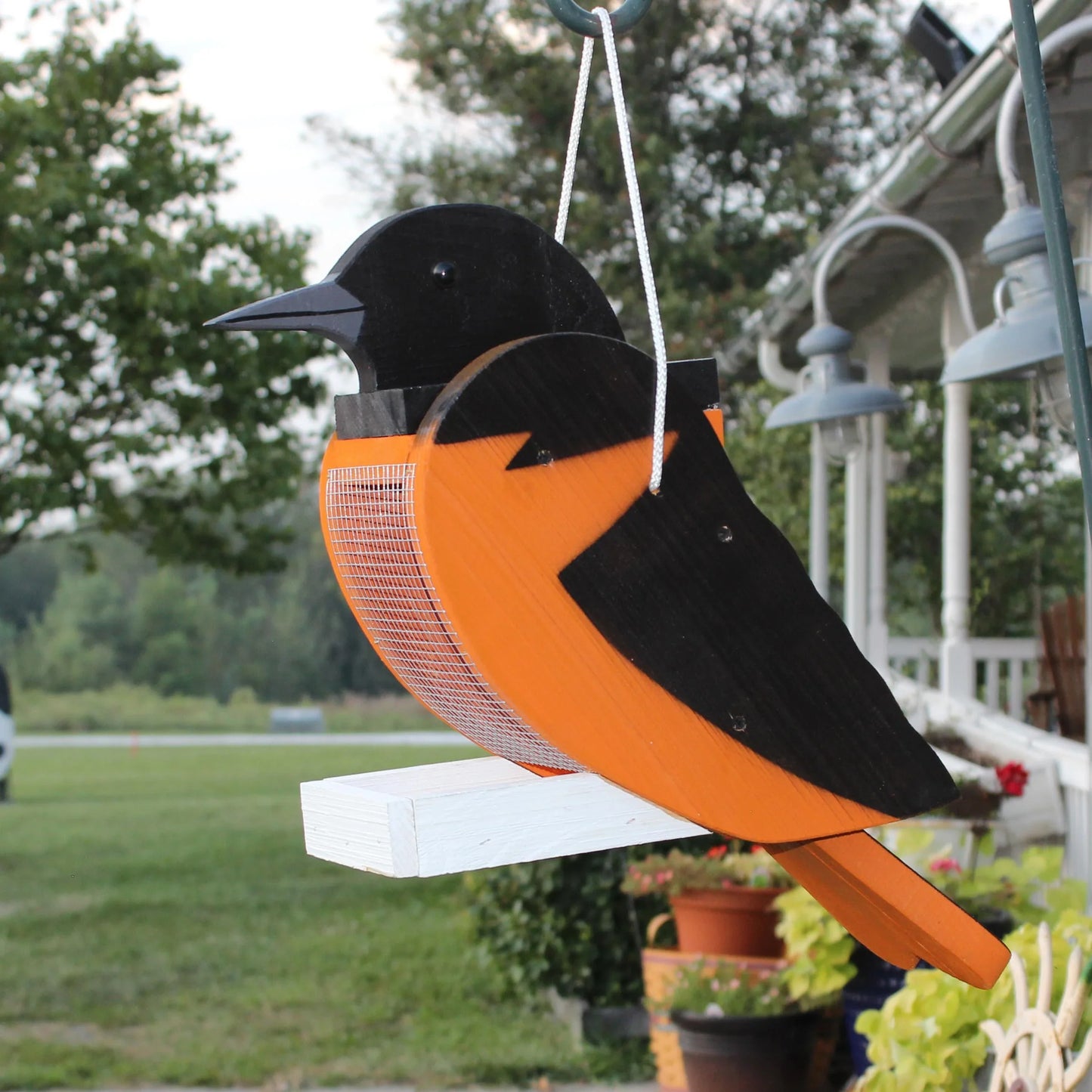 Amish-made wooden bird-shaped oriole feeder, handcrafted garden decor for attracting birds, designed by Amish Country Store