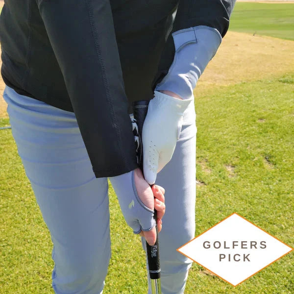 Pair of PalmFree™ Sun Gloves in almond beige with UPF 50+ protection, showing the palm side of the gloves.