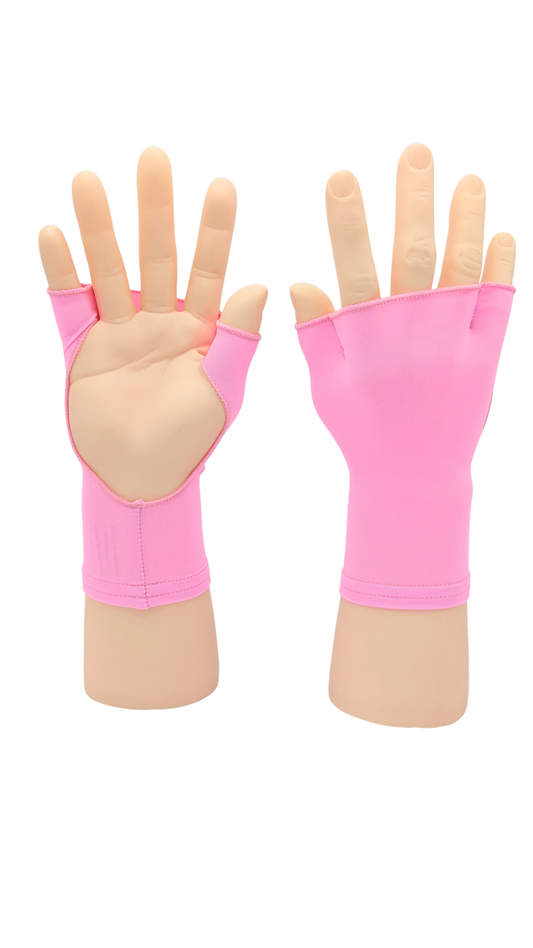 Pink Splash PalmFree™ Sun Gloves with UPF 50+, showing the palm side and finger details for sun protection.