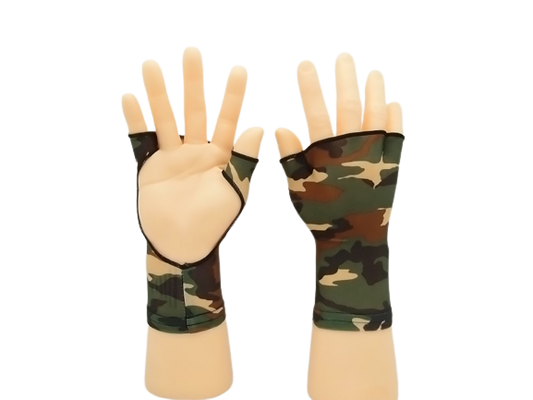 PalmFree™ SunWear camo sun gloves with UPF 50+, showing left and right gloves with palm and back designs for sun protection.