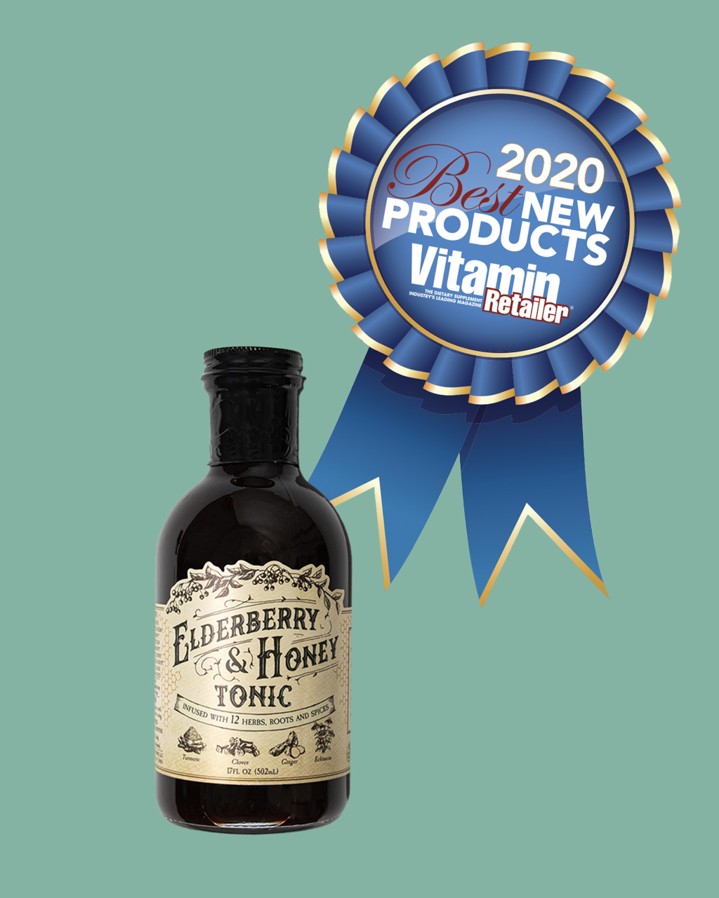 Bottle of Elderberry and Honey Tonic by Roots and Leaves LLC with fresh elderberries and honey in a glass jar.