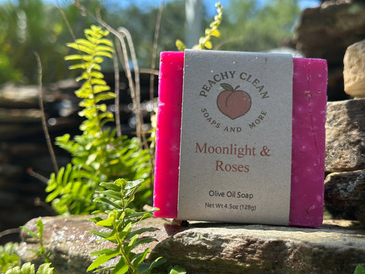 Moonlight & Roses soap by Peachy Clean Soaps and More LLC with pink roses and floral design on the soap bar.