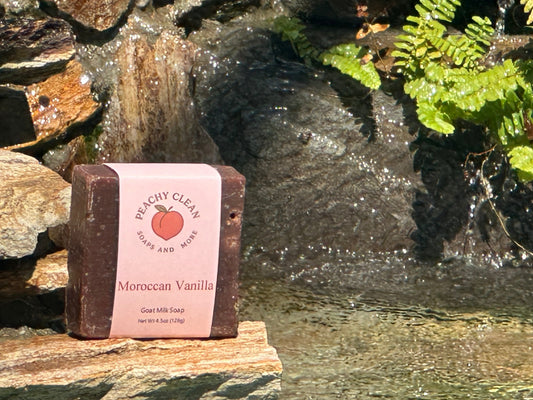 Moroccan Vanilla Goat Milk Soap by Peachy Clean Soaps and More LLC, creamy soap bar with vanilla scent and goat milk ingredients.