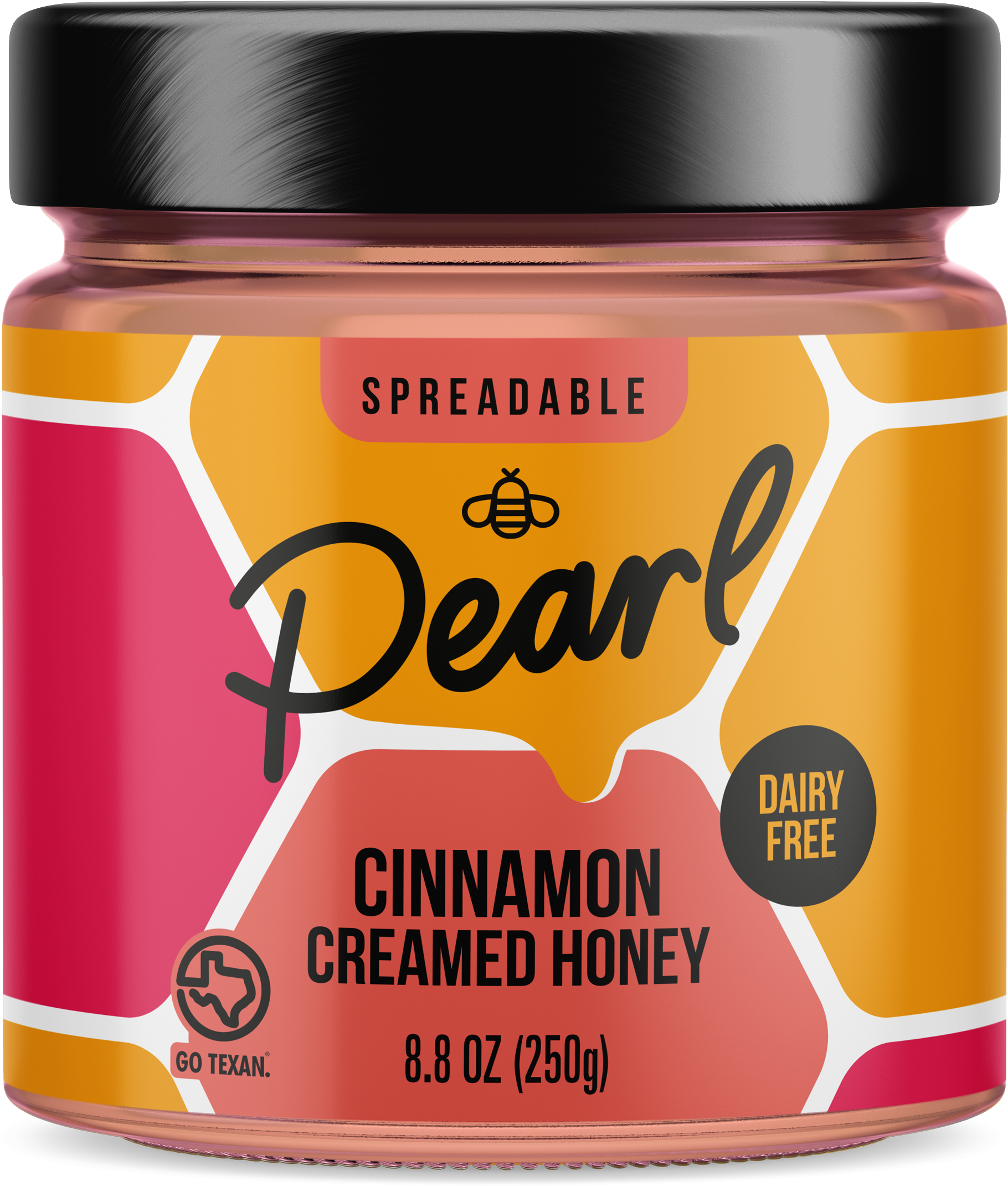 Creamed cinnamon honey from Pearl Honey Spreads, showing a jar with smooth honey and cinnamon swirl topping.