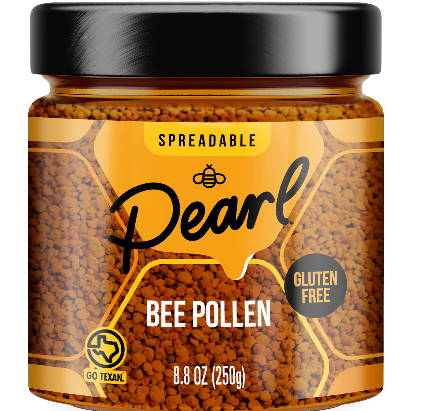 Jar of Pearl Honey Spreads honey with bee pollen, showing golden honey with bee pollen granules on the lid and label.
