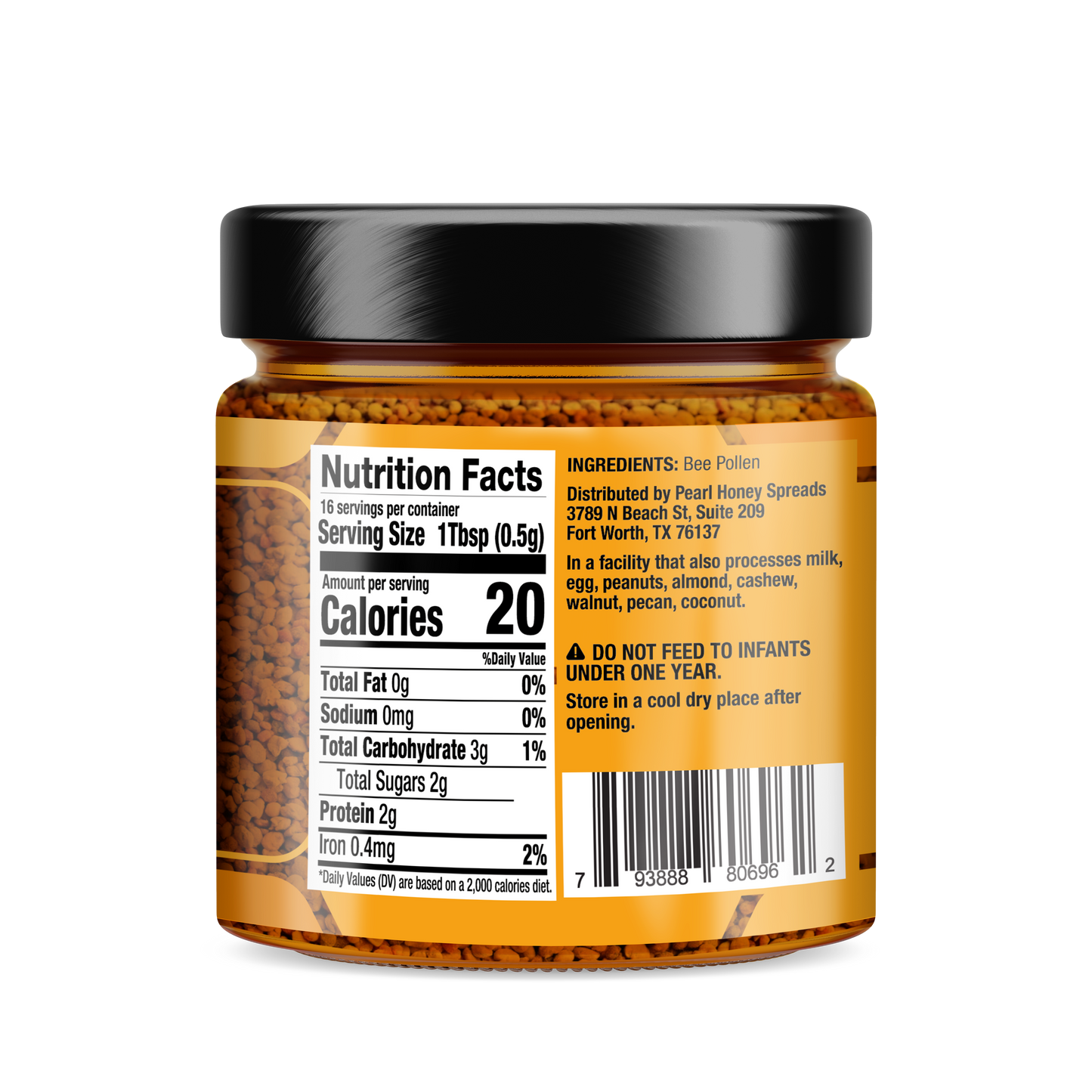 Jar of Pearl Honey Spreads bee pollen honey with a golden color, showcasing fresh bee pollen mixed into honey.