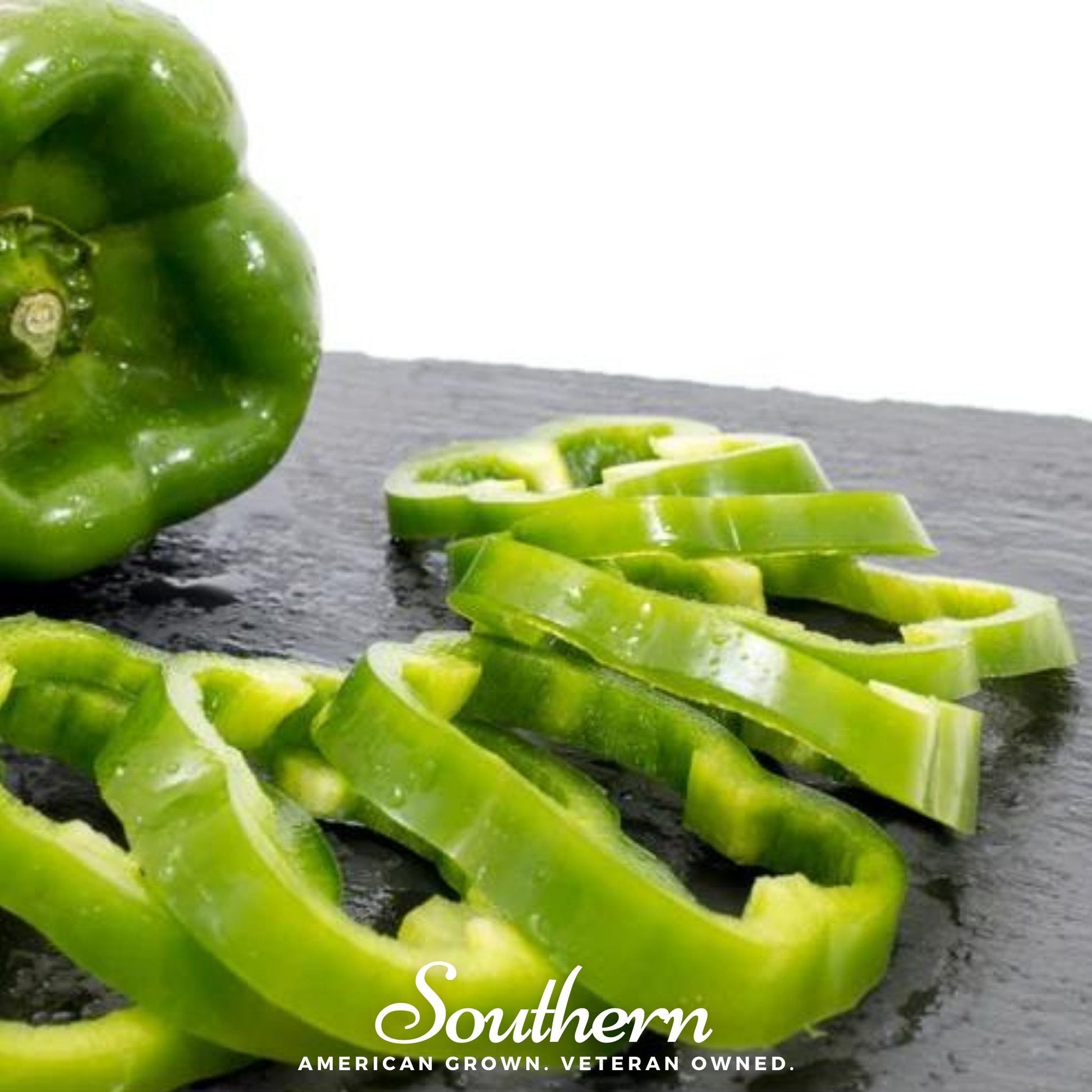 Cal Wonder sweet bell pepper seeds from Southern Seeds, vibrant green peppers with shiny, smooth skin and a crisp texture.