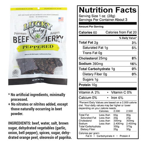 Black pepper beef jerky from Nebraska Star Beef, 3 oz, showing crispy, pepper-seasoned beef slices in a resealable bag.