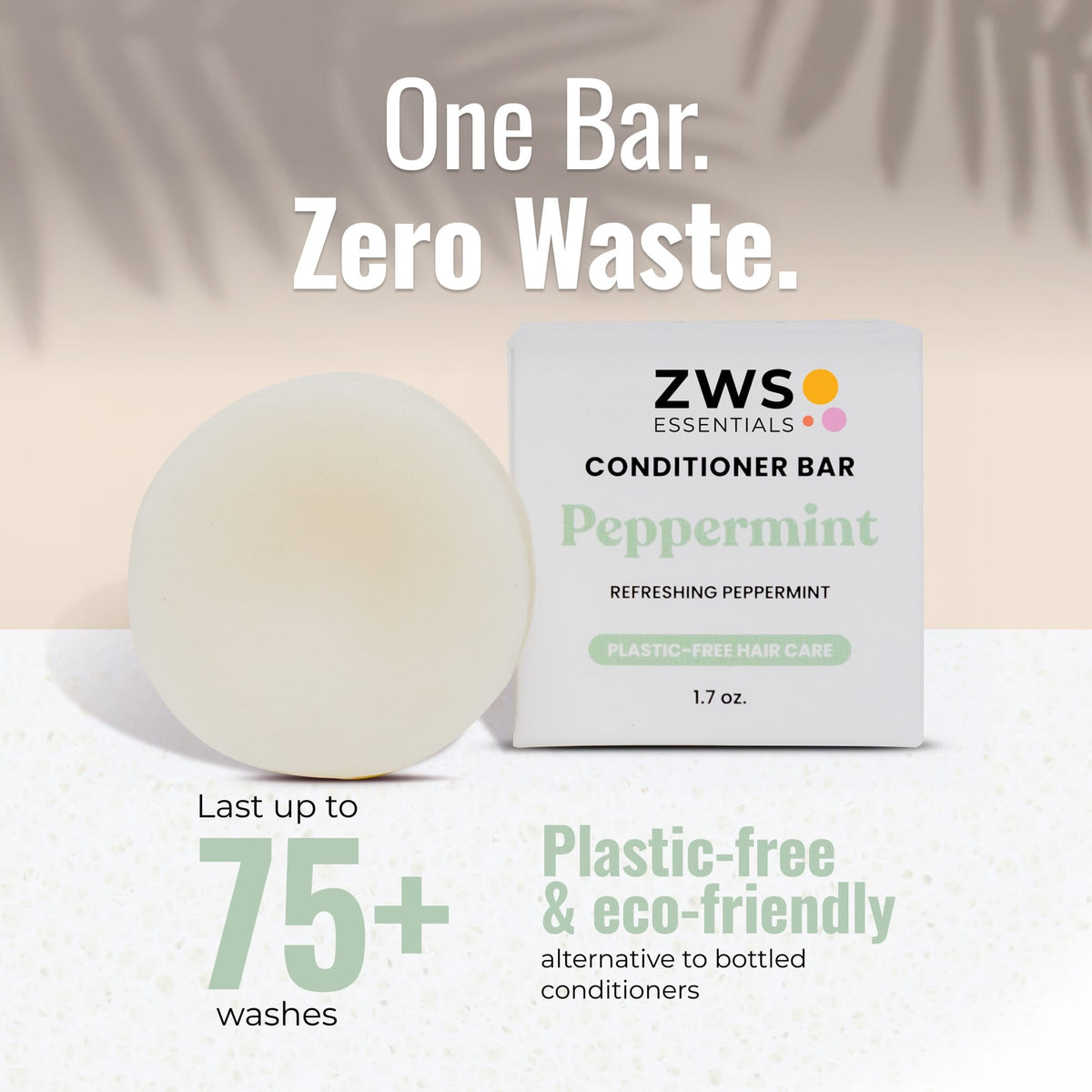 Peppermint Breeze plastic-free conditioner bar from ZeroWasteStore.com, designed for 75 washes with refreshing peppermint scent.
