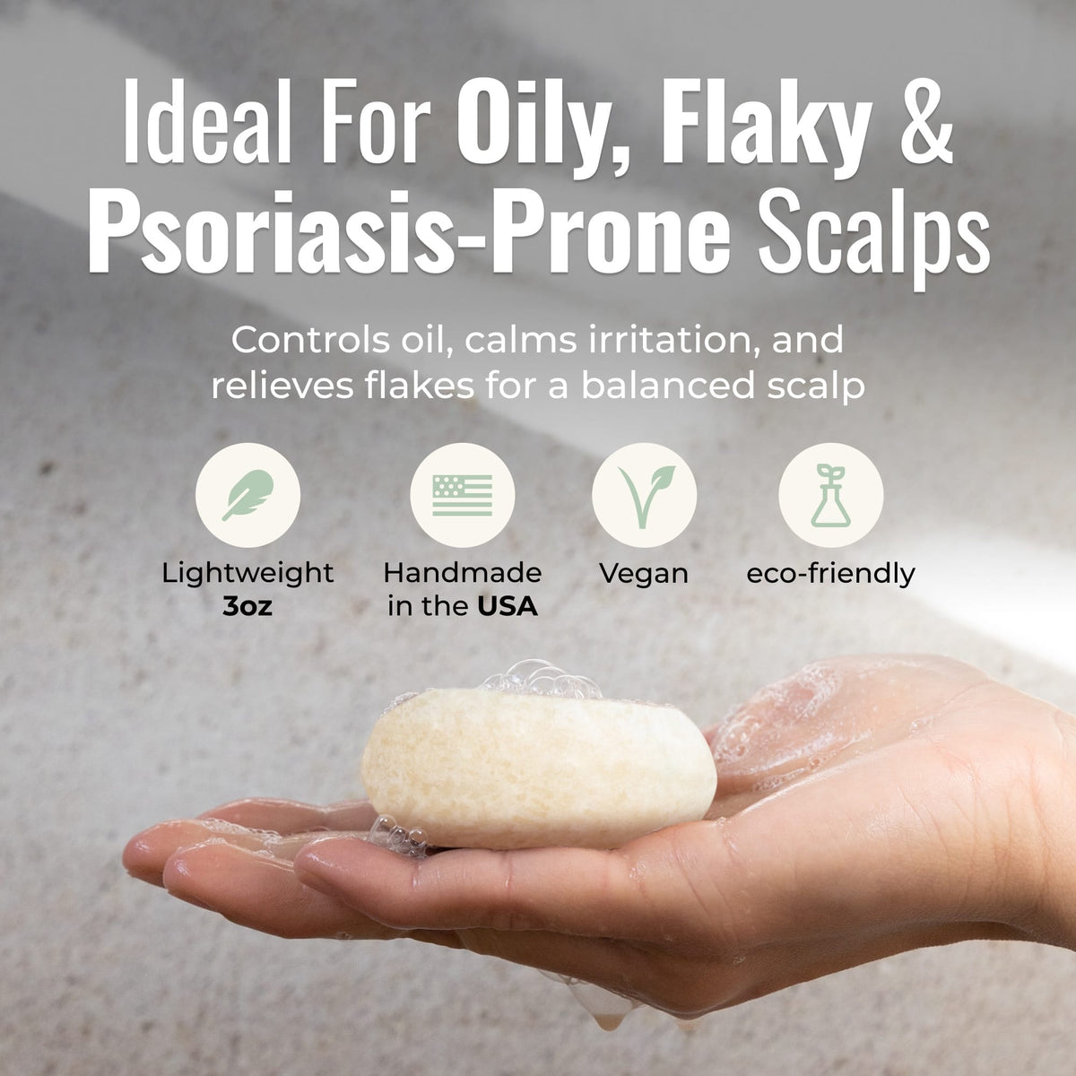 Peppermint Breeze shampoo bar by ZeroWasteStore.com for oily, flaky, psoriasis-prone scalp, with fresh peppermint scent.