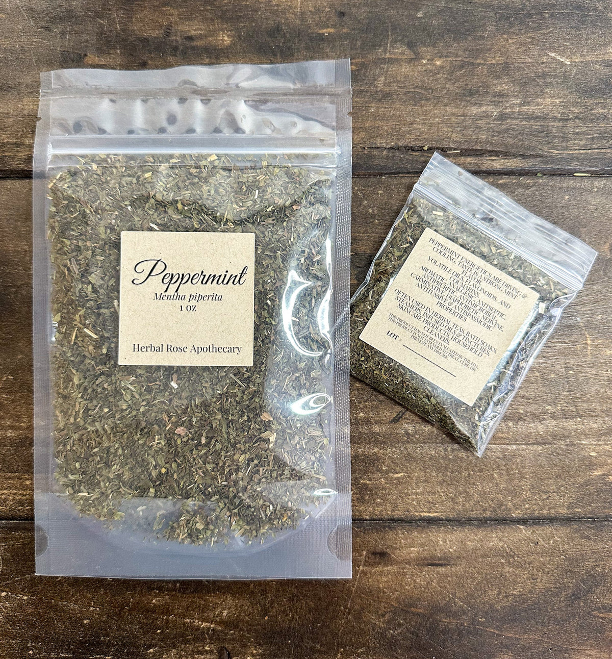 Dried peppermint herbs from HerbalRoseApothecary, showing green peppermint leaves in a rustic jar.