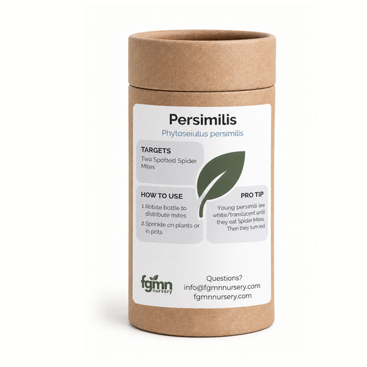Fruits and vegetables with Phytoseiulus persimilis treatment bottles, natural pest control for two-spotted spider mites at FGMN Nursery