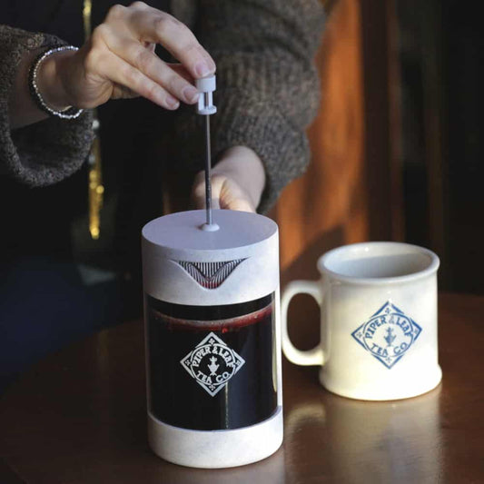 Piper Press brewing device from Piper and Leaf Tea Co. for steeping loose leaf tea with a modern, sleek design.