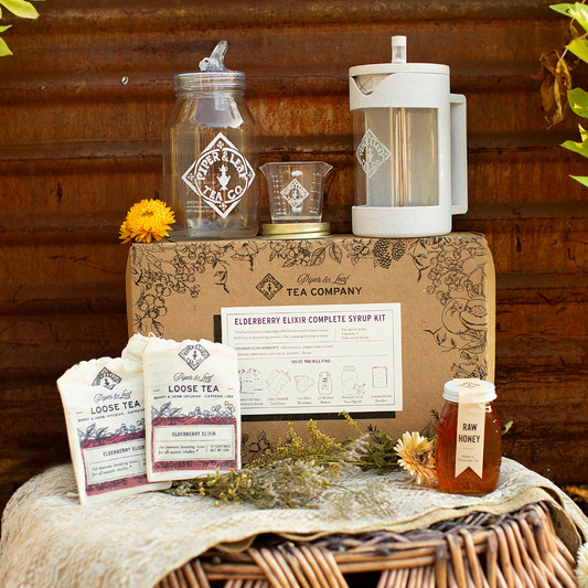 Elderberry Elixir Complete Syrup Kit by Piper and Leaf Tea Co. gift set with ingredients and bottles for homemade elderberry syrup.