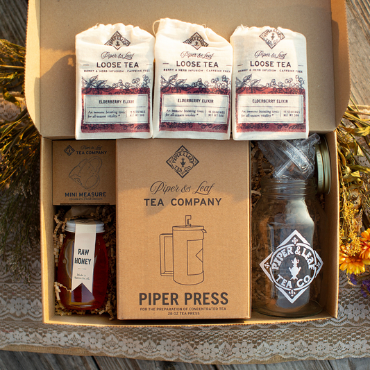 Elderberry Elixir Complete Syrup Kit by Piper and Leaf Tea Co., gift set with ingredients and bottles for making elderberry syrup