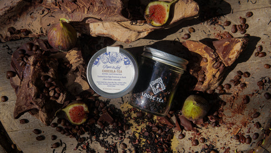 Glass jar of Piper and Leaf Tea Co. Chocola-Tea loose leaf tea with 30 servings, showcasing dark chocolate-brown tea leaves.