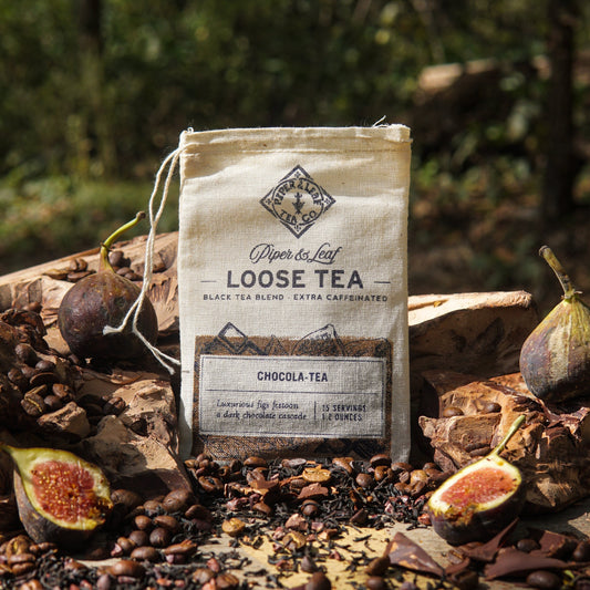 Piper and Leaf Tea Co. Chocola-Tea loose leaf tea in muslin bag, 15 servings, with rich chocolate aroma and dark tea leaves visible.