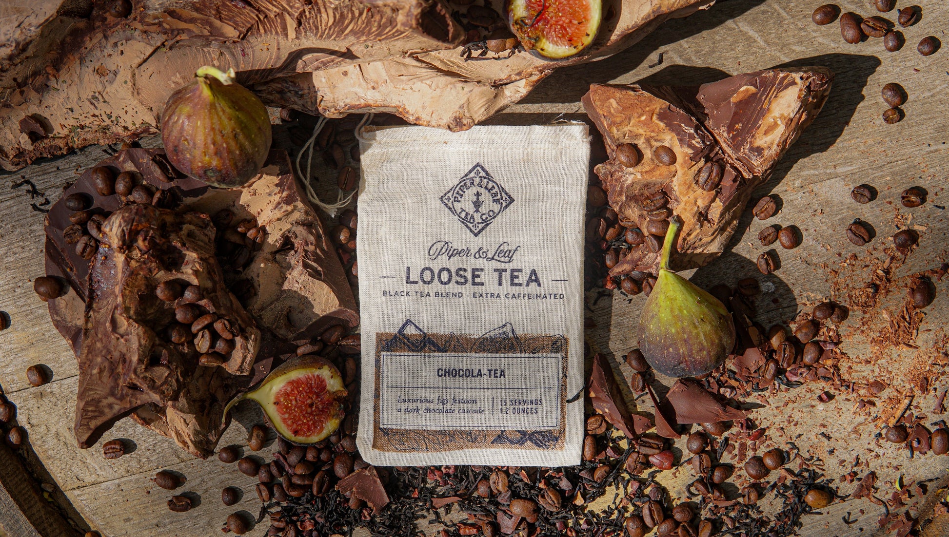 Piper and Leaf Tea Co. Chocola-Tea loose leaf tea in muslin bag, showing the tea leaves and packaging for 15 servings.