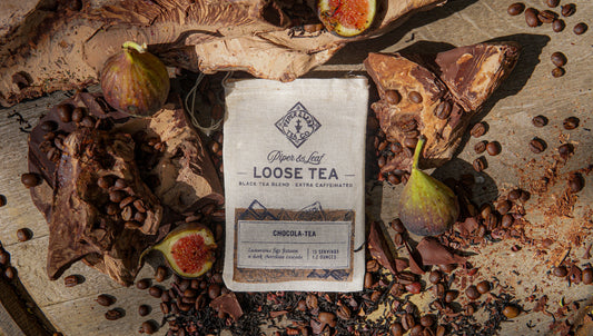 Piper and Leaf Tea Co. Chocola-Tea loose leaf tea in muslin bag, showing dark chocolate-infused tea leaves for 15 servings