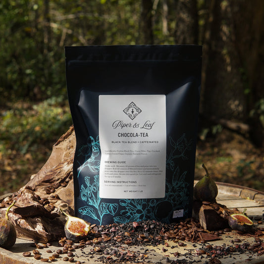 Piper and Leaf Tea Co. Chocola-Tea loose tea pound bag with 190 servings, showcasing the rich, chocolate-flavored tea leaves.