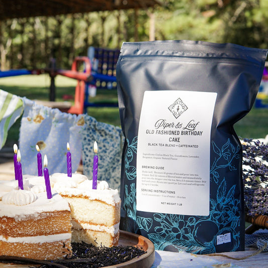 Piper and Leaf Tea Co. Old Fashioned Birthday Cake loose tea in a pound bag, 190 servings, with colorful birthday cake-inspired packaging