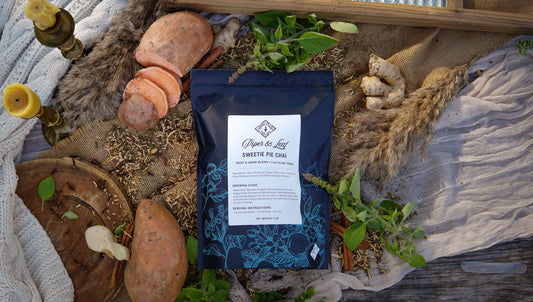 Sweetie Pie Chai loose tea in a pound bag by Piper and Leaf Tea Co., showing the packaging with the tea inside.