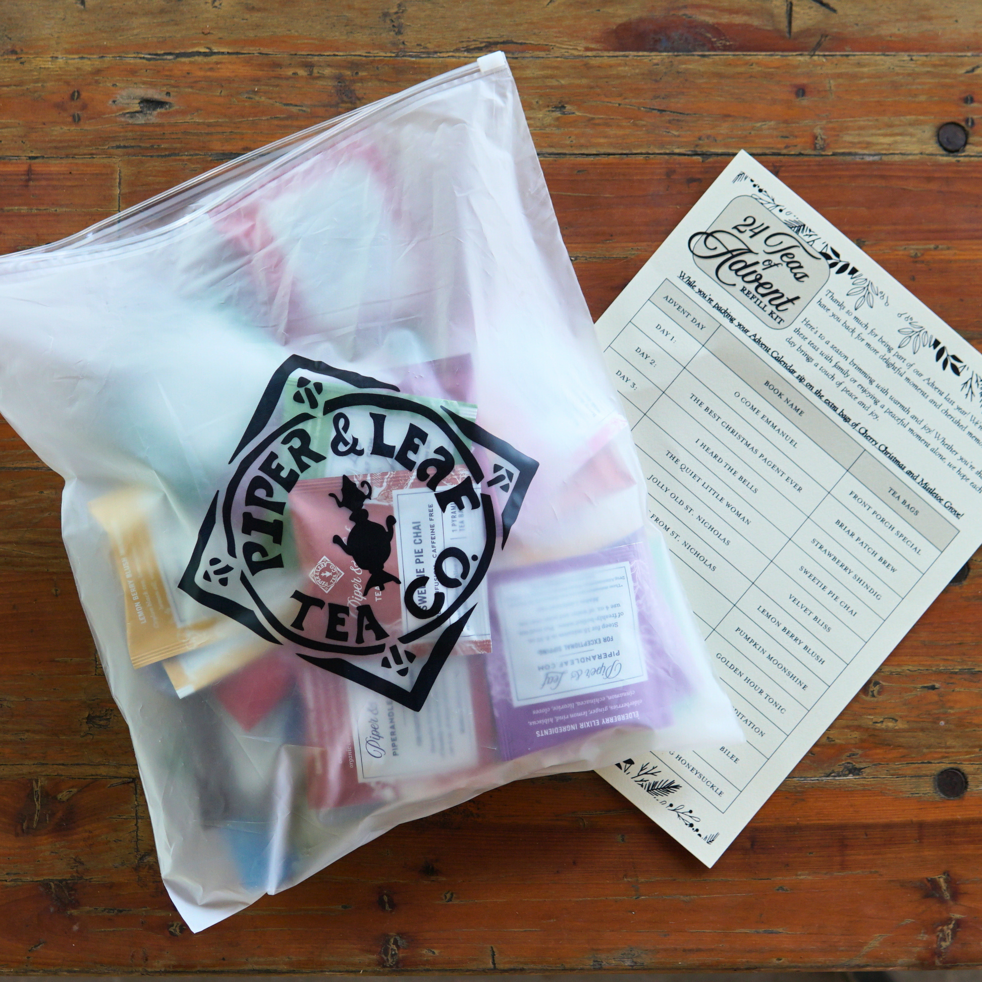 Assorted Piper and Leaf Tea Co. tea bags for advent calendar refill kit, featuring various flavors in individual packaging.