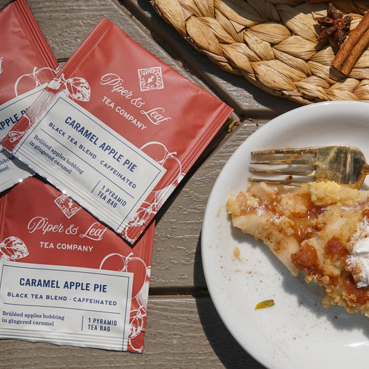 Box of 50 Piper and Leaf Caramel Apple Pie flavored tea bags, individually wrapped, arranged in a tidy display