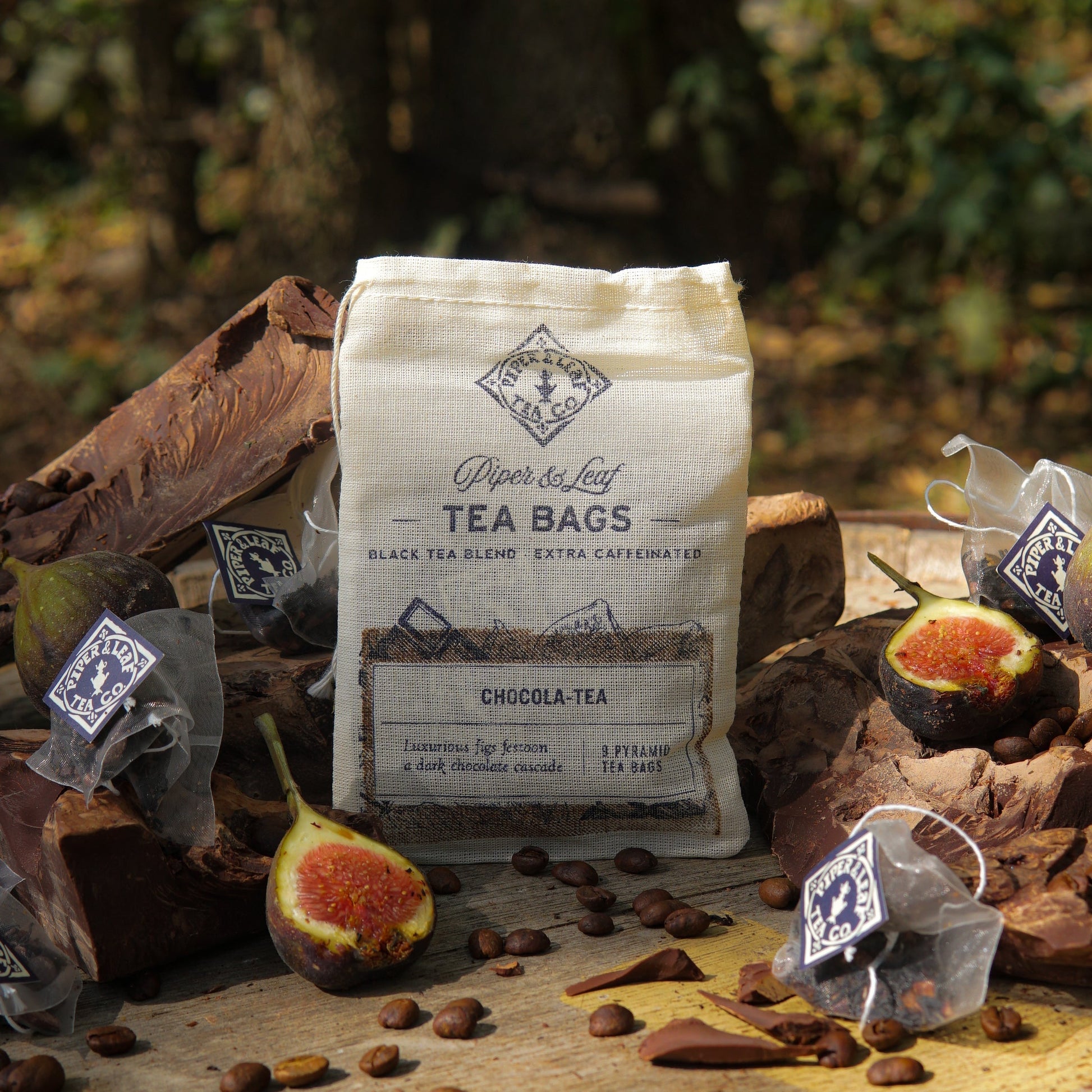 Piper and Leaf Tea Co. Chocola-Tea 9-pack of tea bags in muslin sachets with rich chocolate flavor.