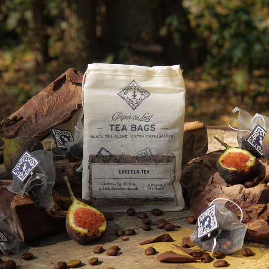 Piper and Leaf Tea Co. Chocola-Tea 9-pack of tea bags in muslin pouches, showcasing rich chocolate-flavored tea.