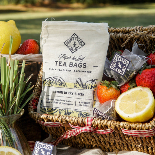 Lemon Berry Blush 9ct tea bags from Piper and Leaf Tea Co. in muslin pouch, featuring vibrant lemon and berry flavor tea bags.