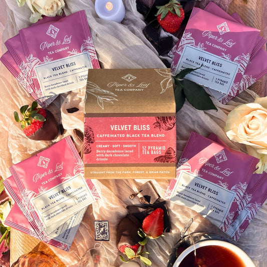 Velvet Bliss box of 12 tea bags from Piper and Leaf Tea Co., featuring individually wrapped tea bags in a decorative box.