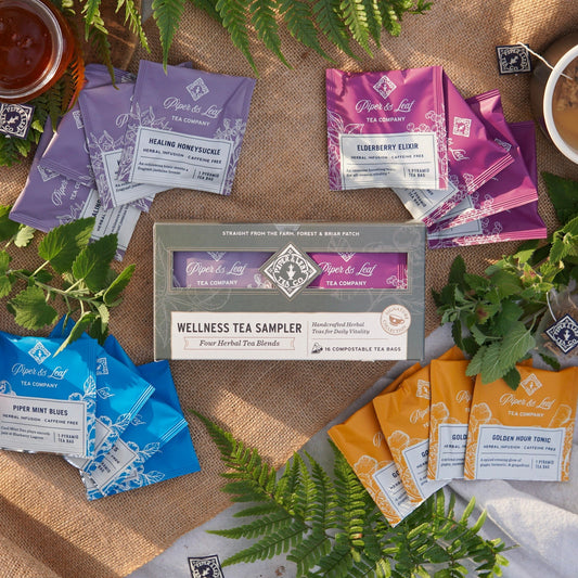 Box of 16 wellness tea bags from Piper and Leaf Tea Co., featuring assorted herbal and soothing teas in individual sachets.