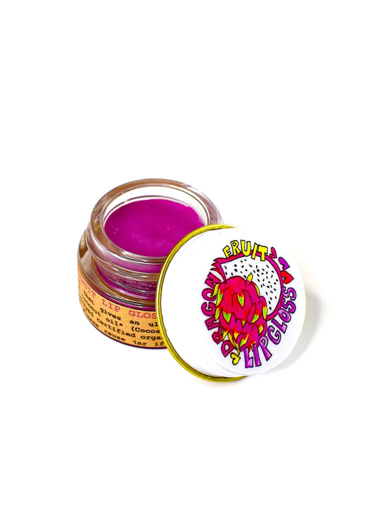 Plant Makeup Dragon Fruit Lip Gloss in a sleek tube with vibrant pink packaging, showcasing the fruity, glossy finish.