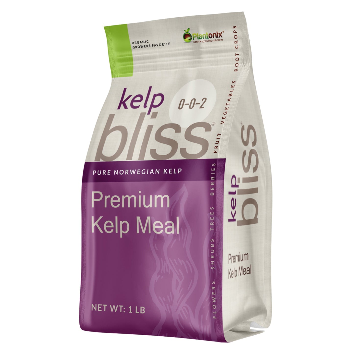 Plantonix Kelp Bliss fertilizer container showing pure kelp soil amendment and fertilizer for healthy plant growth.