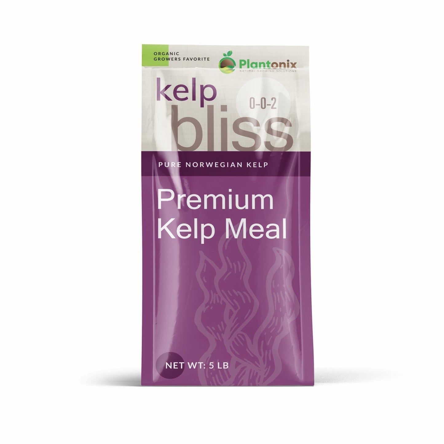 Plantonix Kelp Bliss pure kelp soil amendment and fertilizer, 1 lb bag with natural seaweed texture and labeling visible.