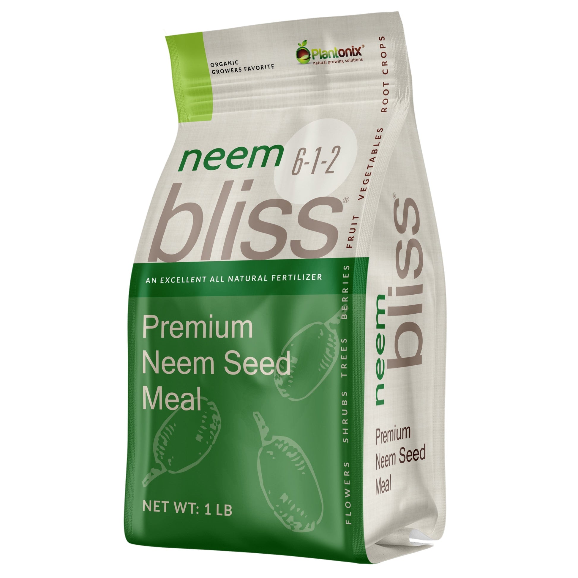 Plantonix Neem Bliss Meal, 1 lb neem seed cake fertilizer for organic plant nourishment and soil health.