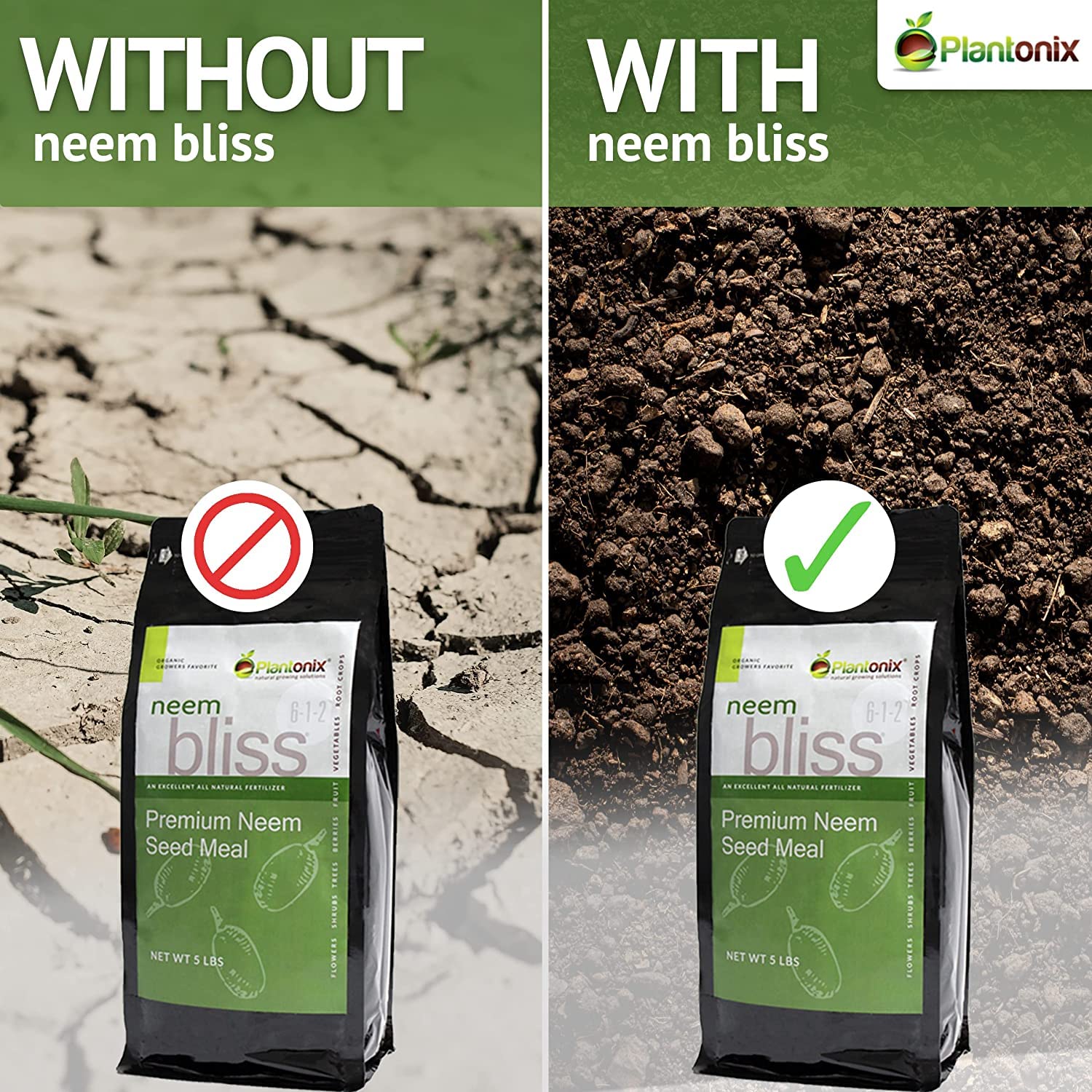 Plantonix Neem Bliss Meal, 1 lb neem seed meal fertilizer in a bag, natural organic fertilizer for healthy plant growth.