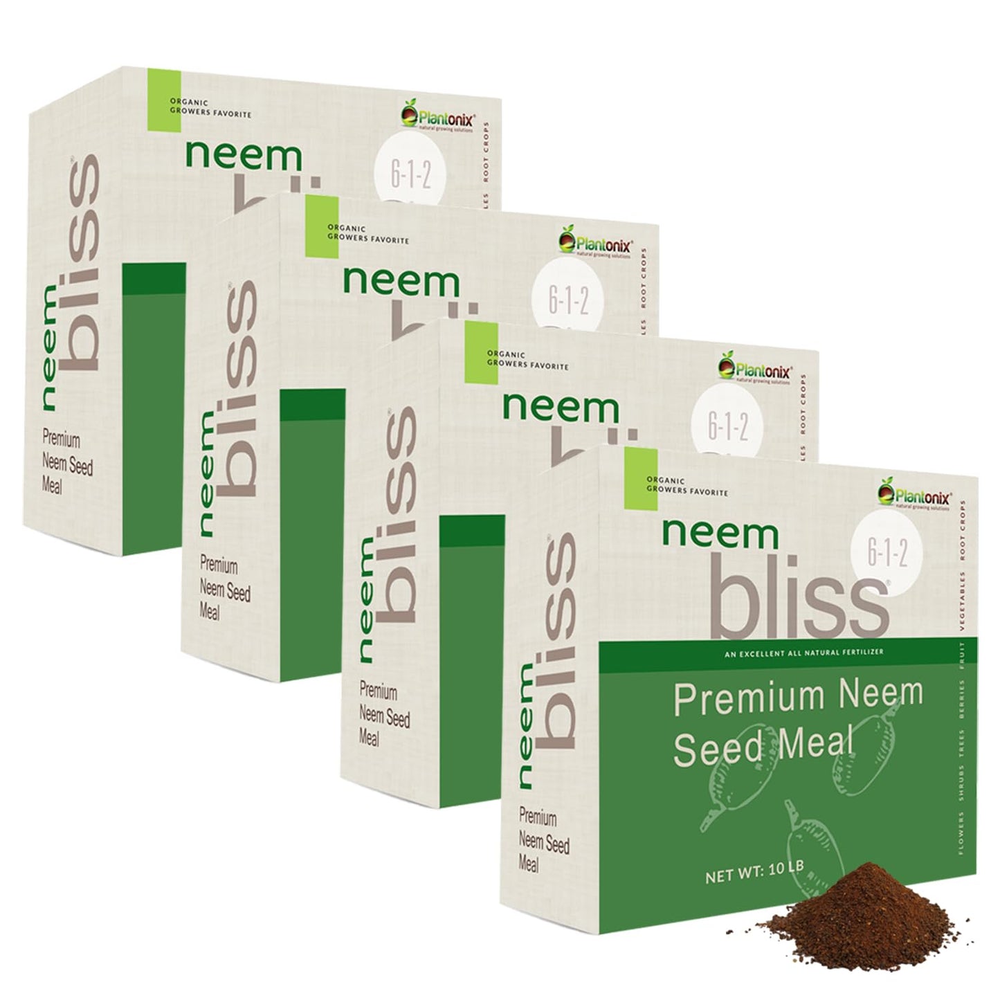 Plantonix Neem Bliss Meal fertilizer showing a 1 lb bag of neem seed meal for organic plant growth enhancement.