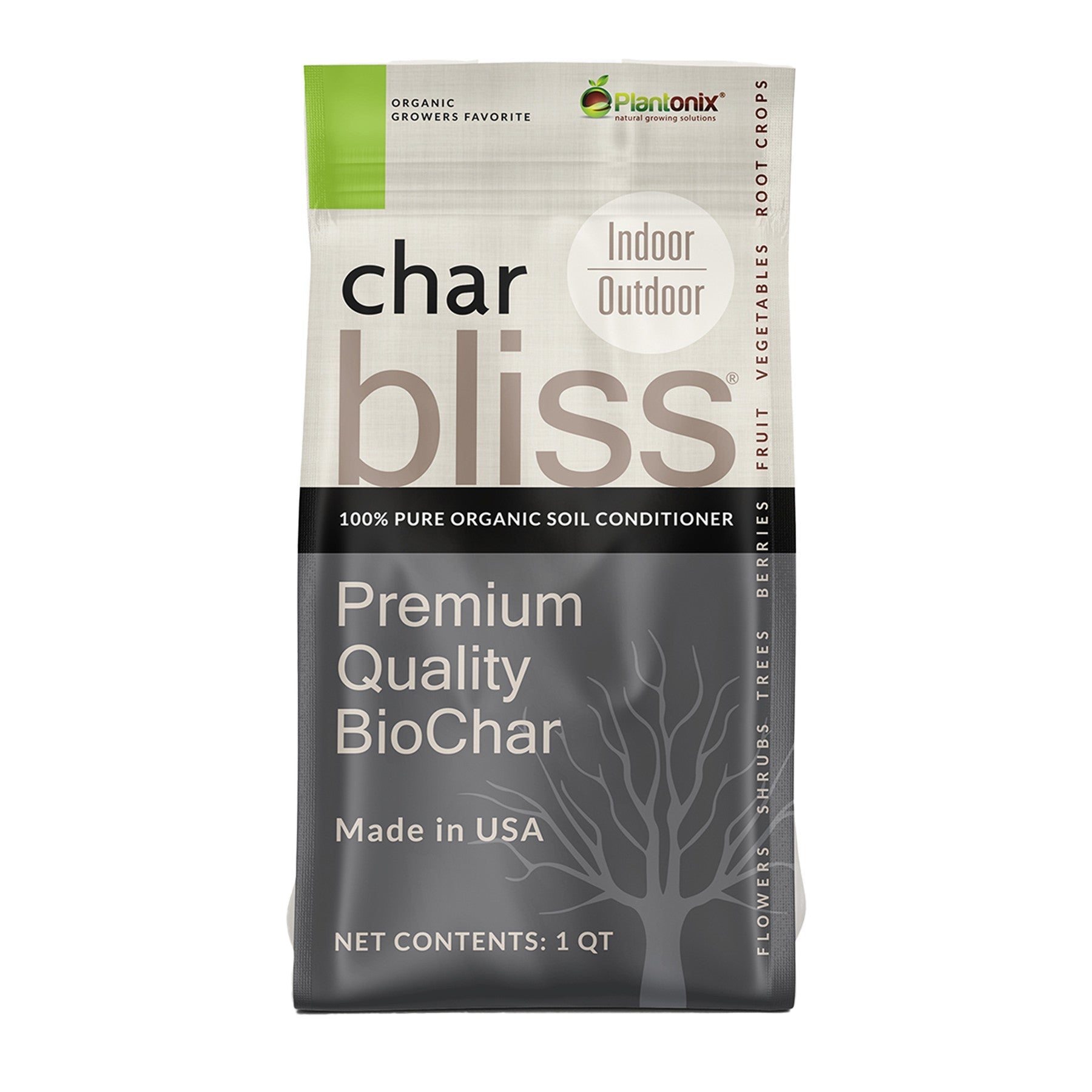 Plantonix Char Bliss Premium Biochar Fertilizer for enriching soil and improving plant health in gardening projects.