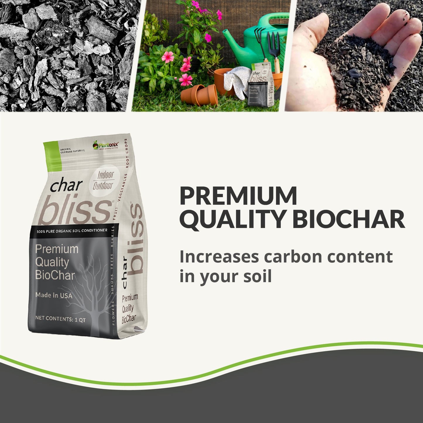Plantonix Char Bliss Premium Biochar Soil Amendment fertilizer in a 1-quart container, enhances soil health and fertility.