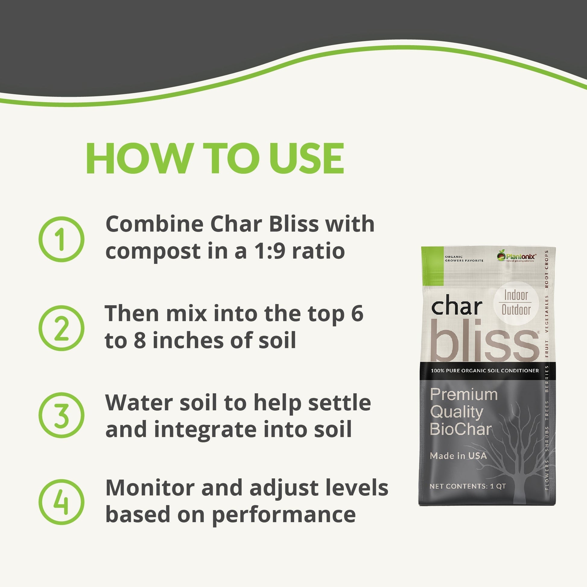 Plantonix Char Bliss Premium Biochar Soil Amendment in 1-quart container, natural fertilizer for healthy soil enhancement.