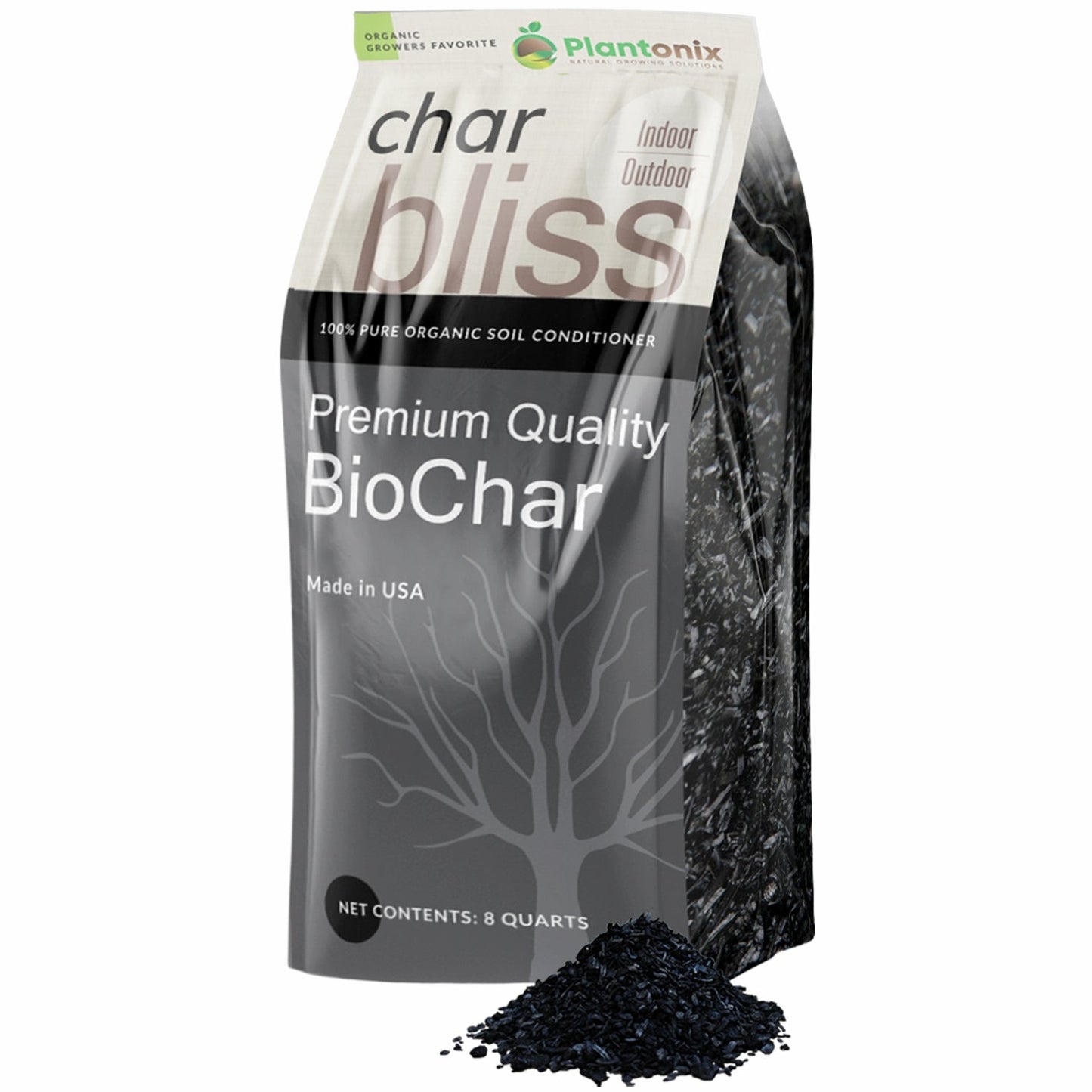 Plantonix Char Bliss Premium Biochar Soil Amendment in a 1-quart container for enriching garden soil and improving plant growth.